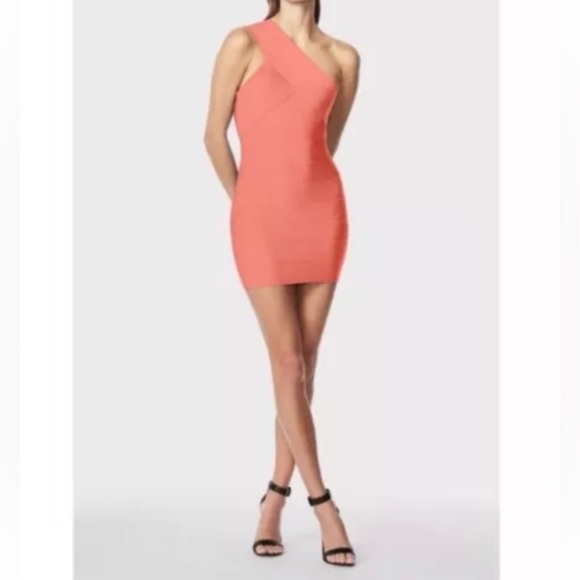 Herve Leger Paris Asymmetrical Mini Dress in Coral Peach Size M - Picture 1 of 13